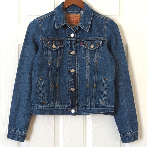 Levi's Classic Star Studded Dark Wash Long Sleeve Denim Jean Trucker Jacket XS - Picture 1 of 16